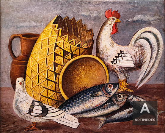 Gino Severini / Natura Morta Con Gallo, Colomba E Pesci - Front